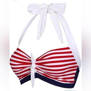 Futurino Red White Striped Bikini Top XL | Retro Halter Swim Top Pin-Up Style